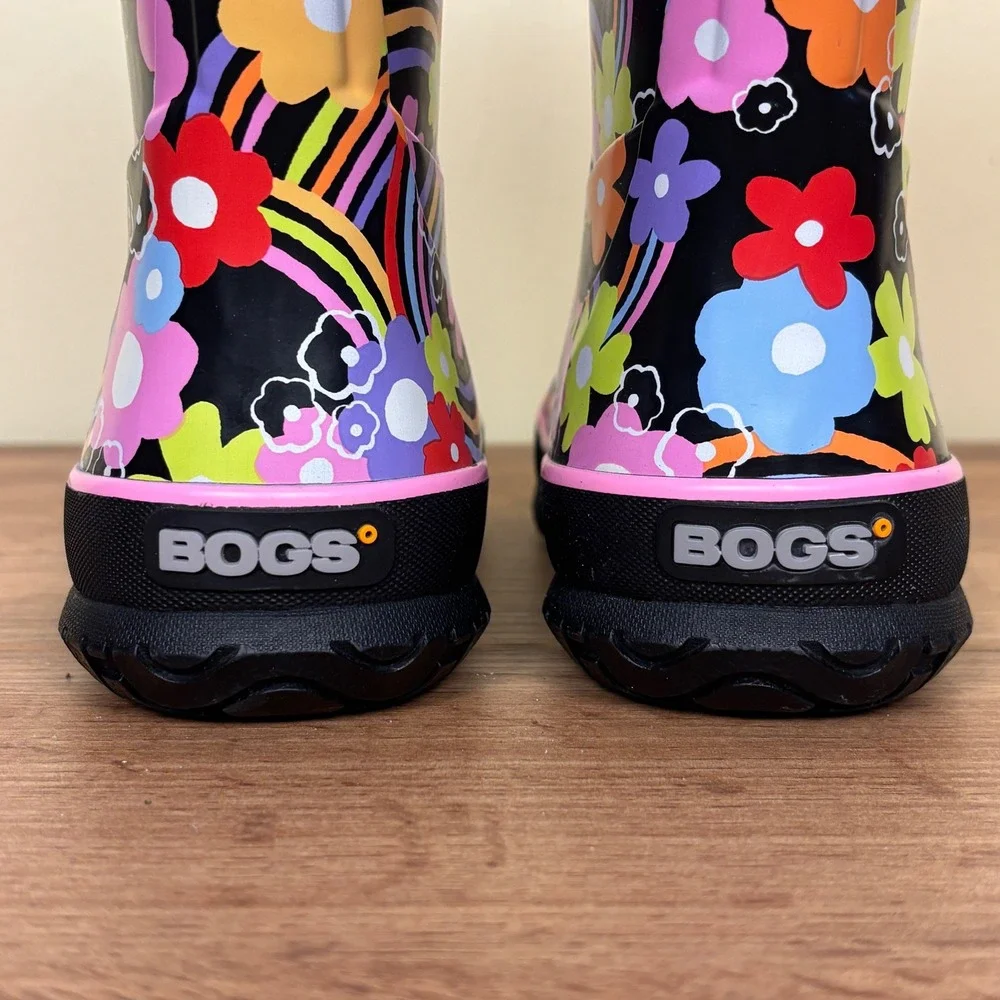 BOGS Rainbow Flower Rain Boot Black Multi Kids Size 11 Rubber Waterproof Printed